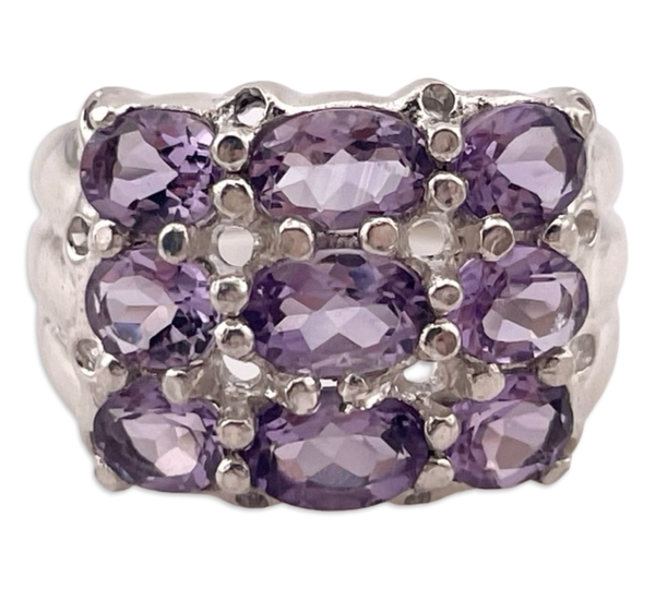 size 9 sterling silver faceted multi-amethyst row ring