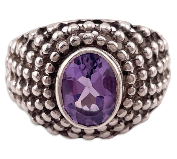 size 8.75 sterling silver dotted cut-out faceted amethyst ring