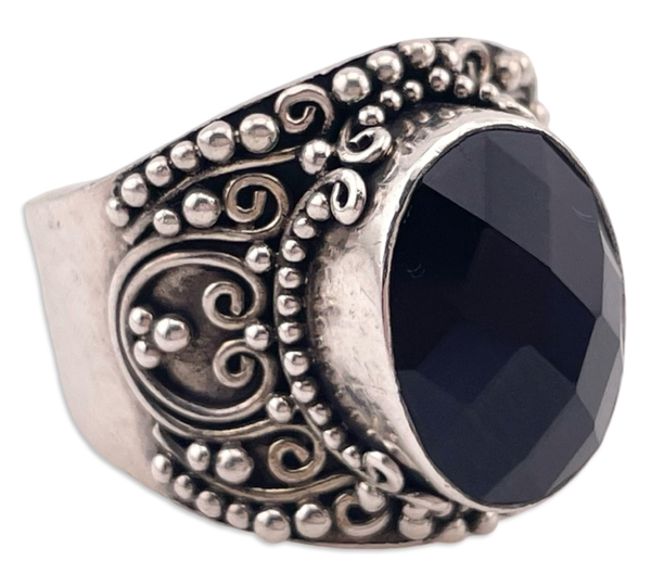 size 7.75 sterling silver faceted black glass ring
