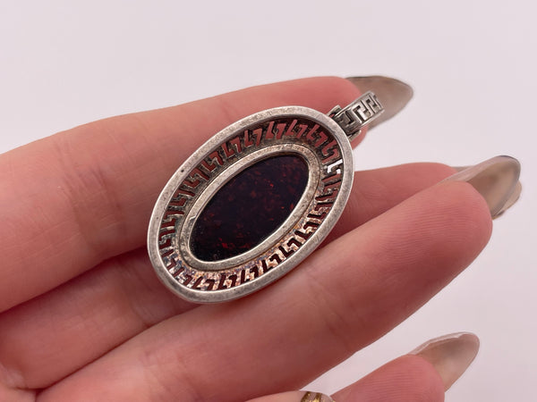 sterling silver synthetic amber Greek Key design pendant