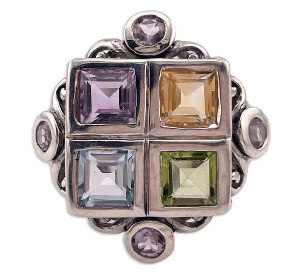 size 8 sterling silver faceted square multi-gemstone ring