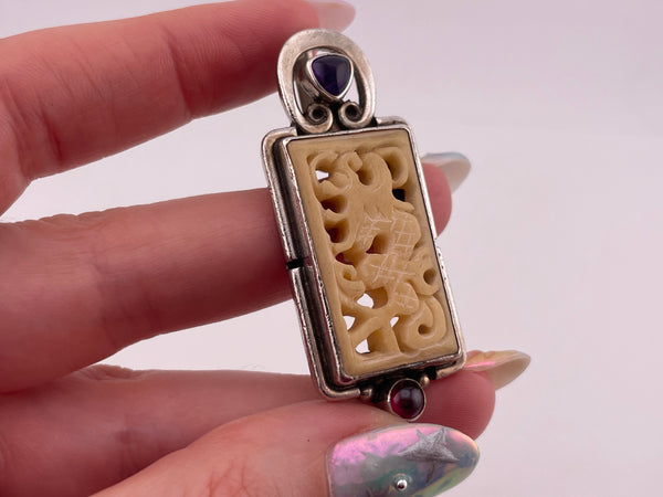 sterling silver carved resin amethyst garnet pendant