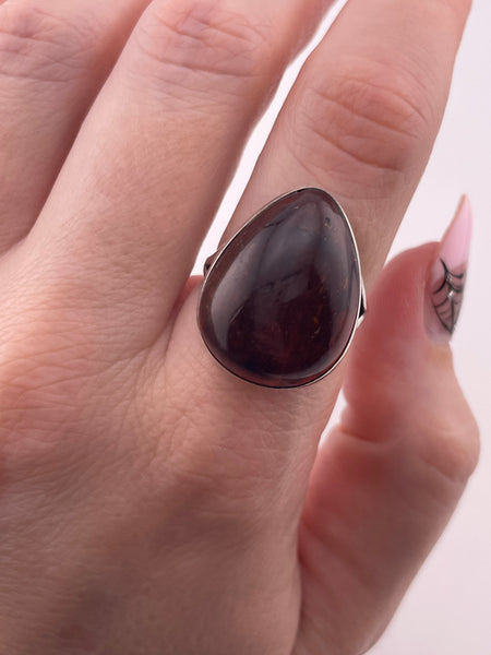 size 8.25 sterling silver pear shape amber ring