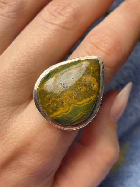 size 8.5 sterling silver chunky heavy jasper teardrop ring
