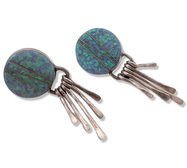 sterling silver synthetic opal inlay round fringe post earrings
