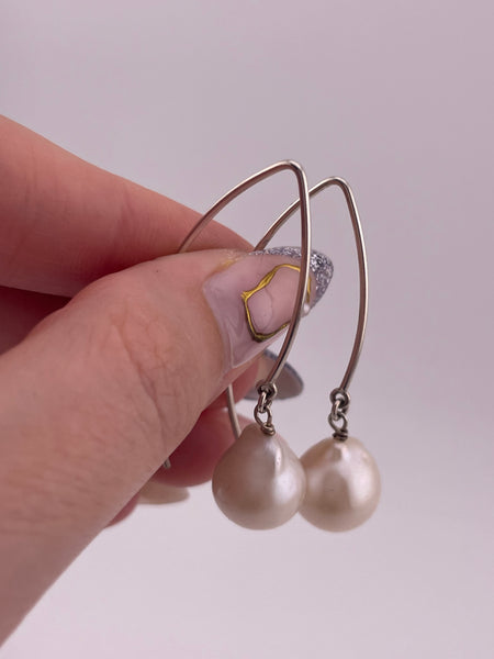 sterling silver synthetic pearl threader dangle earrings