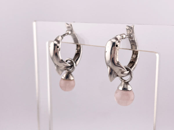 sterling silver rhodium plated dolphin hinge hoops with rose quartz enhancers earrings