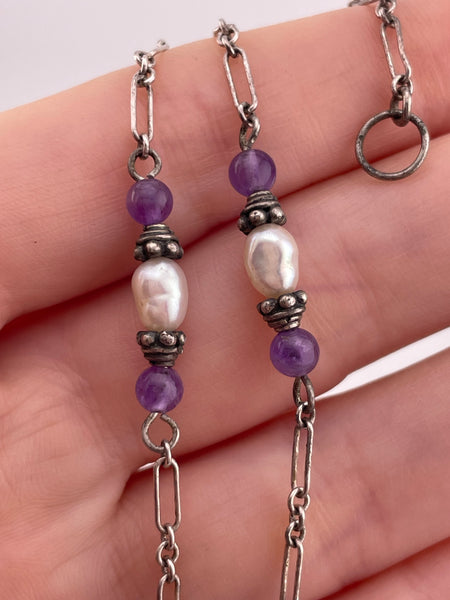 sterling silver 16" amethyst & pearl beaded necklace