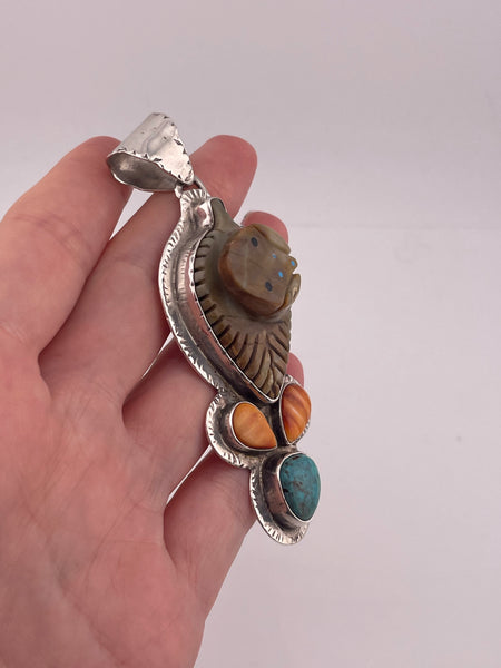 sterling silver large 3-3/8" frog turquoise jasper spiny oyster pendant