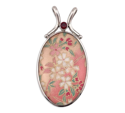 sterling silver large Sajen reversible fabric & gemstone pendant