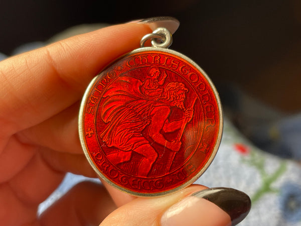 sterling silver large red enamel Saint Christopher religious protection pendant