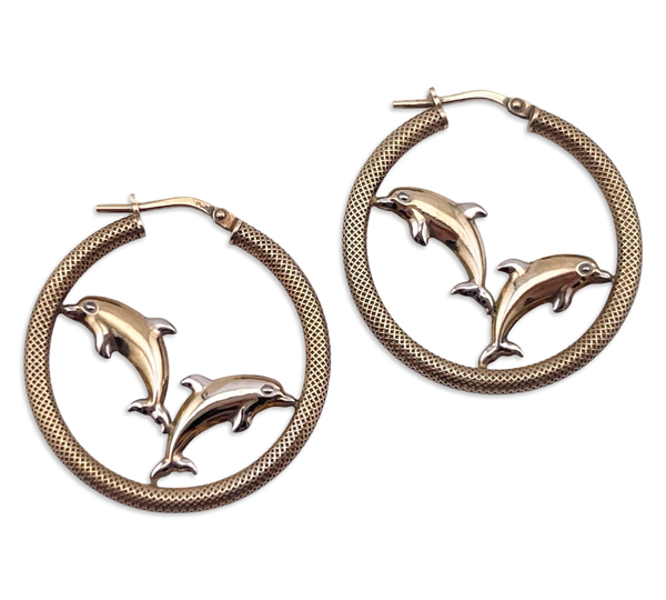 gold plated sterling silver dolphin 1 1/8" hoop earrings **AS IS**