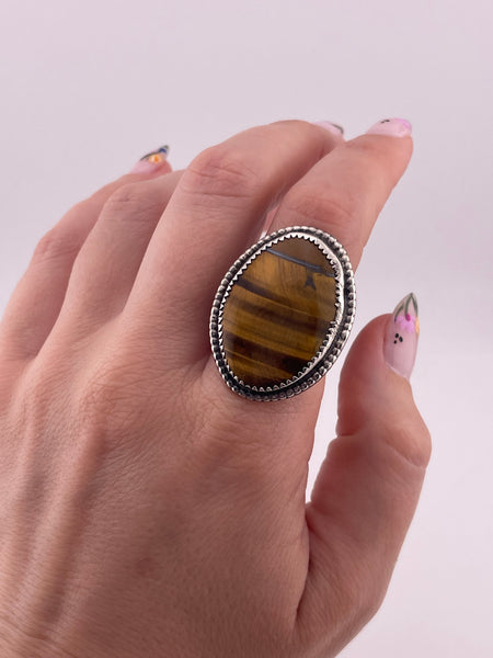size 11 sterling silver tigers eye stamped band ring