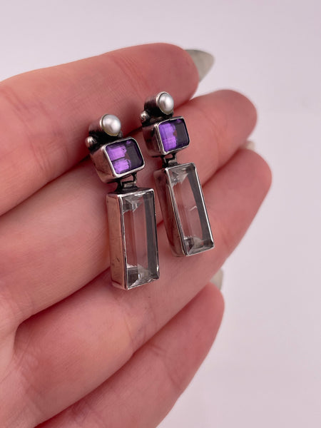 sterling silver faceted quartz amethyst pearl post hinge earrings