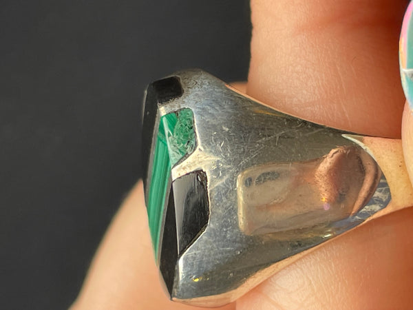size 6.75 sterling silver chunky malachite & onyx ring