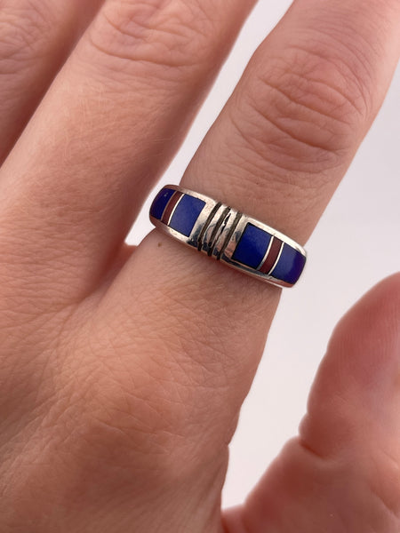 size 7.25 sterling silver Ray Tracey lapis coral inlay band ring