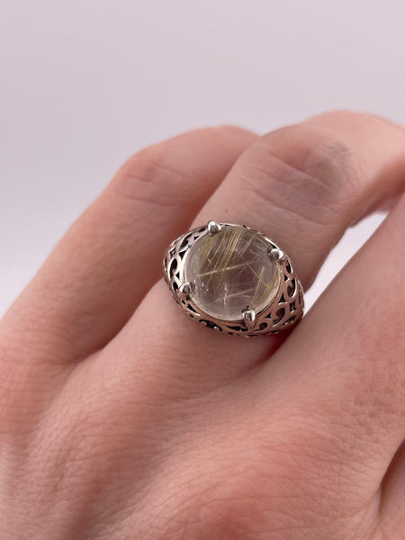 size 6.25 sterling silver round rutilated quartz cut-out design ring