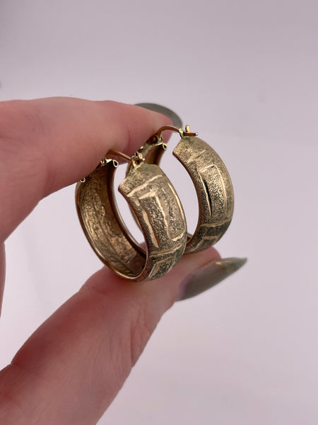sterling silver 15/16" gold wash Greek Key matte finish etched hoop earrings