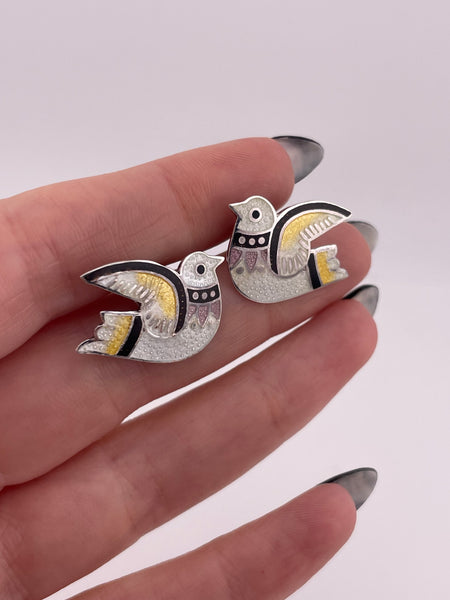980 silver yellow & white enamel bird post earrings