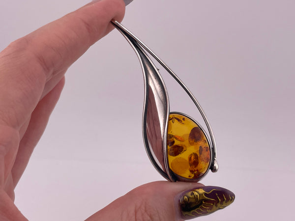 sterling silver Poland amber brooch pin