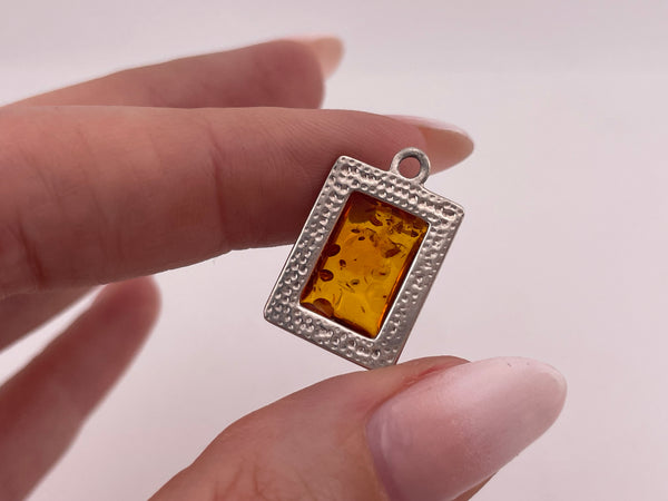 sterling silver rectangle synthetic amber pendant