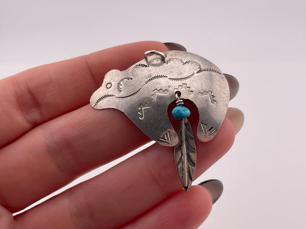 sterling silver stamped bear turquoise feather pendant