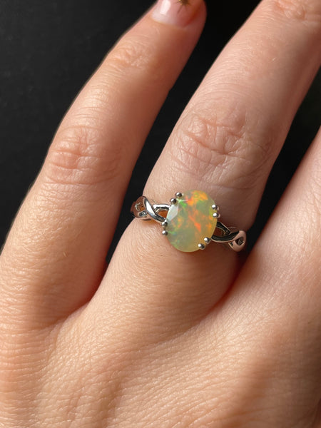 size 6.25 sterling silver rhodium plated faceted lab opal ring