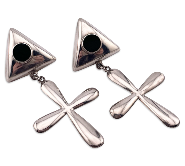 sterling silver Mexican black resin cross post dangle earrings