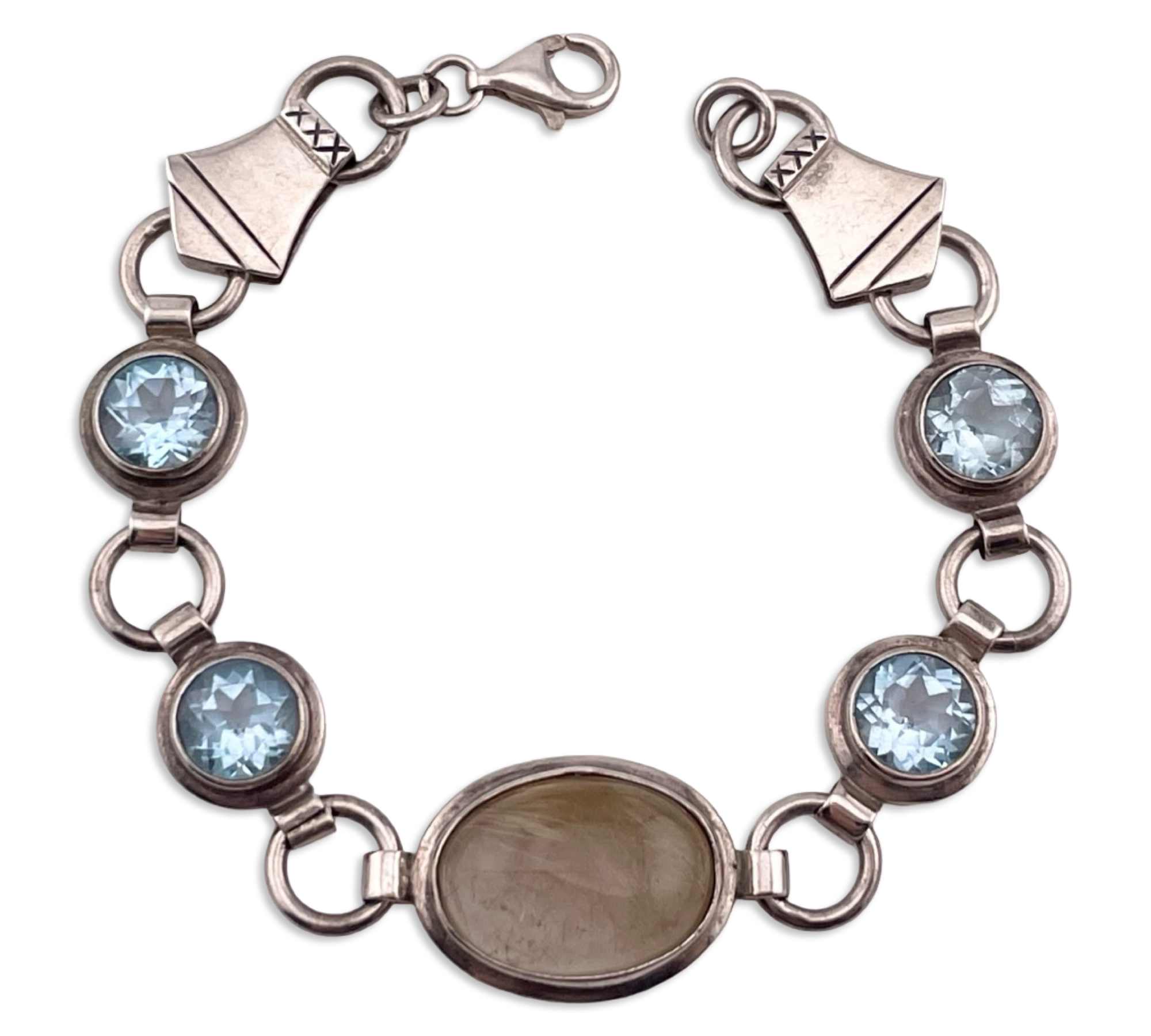 sterling silver 7" rutilated quartz & faceted blue topaz link bracelet