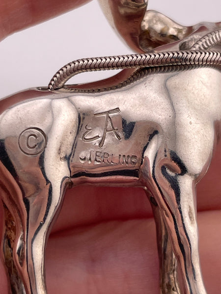 sterling silver heavy artisan moose sculpture pendant necklace