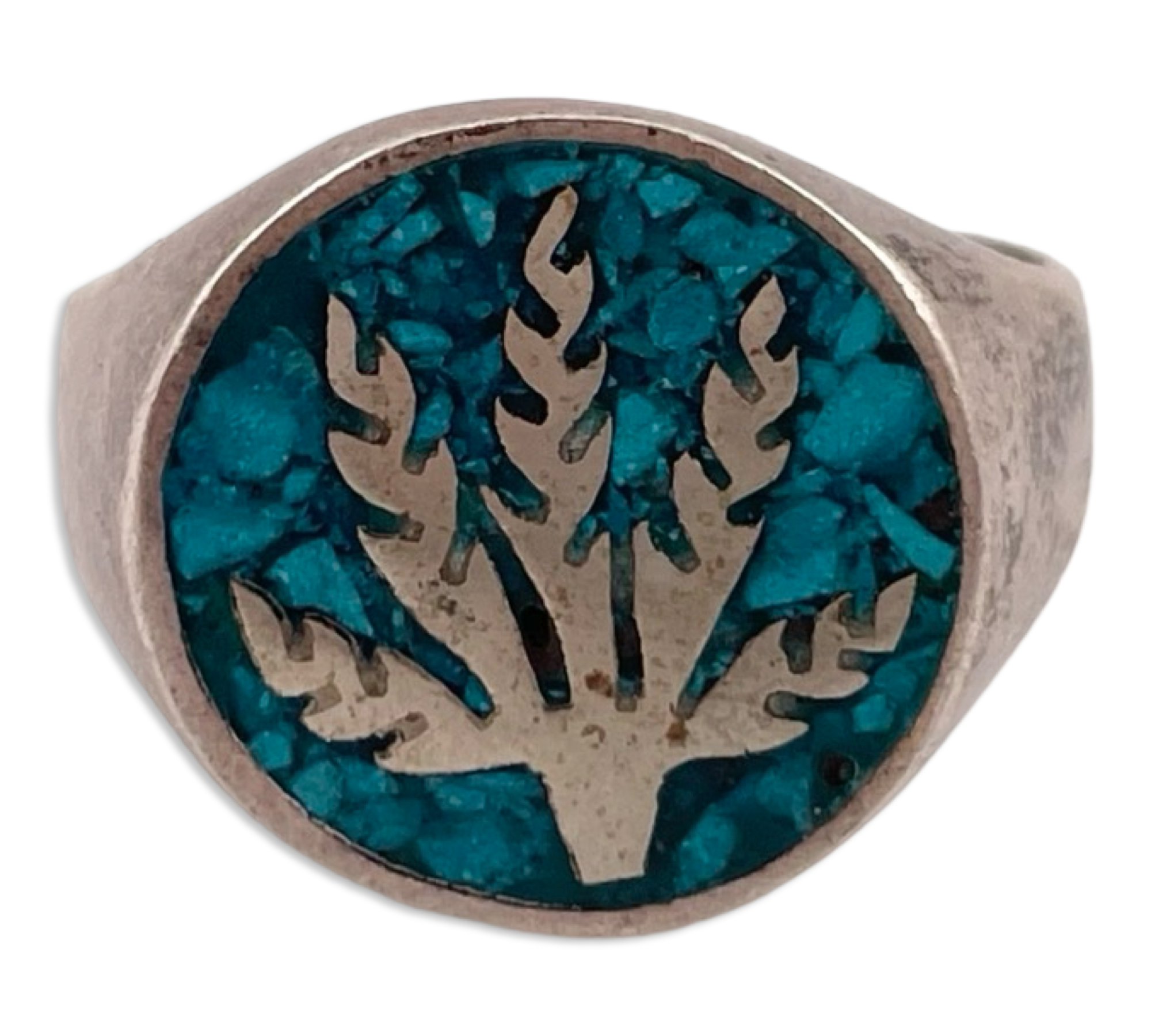 size 8.5 sterling silver cannabis leaf crushed turquoise ring