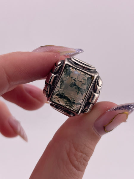 size 9.5 sterling silver Art Deco moss agate ring