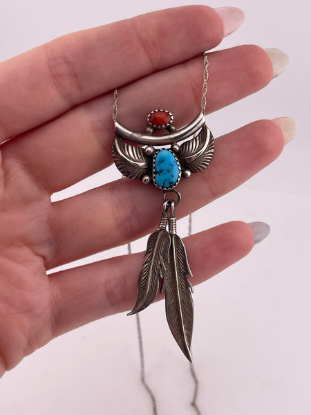 sterling silver 16-1/2" turquoise coral feather necklace