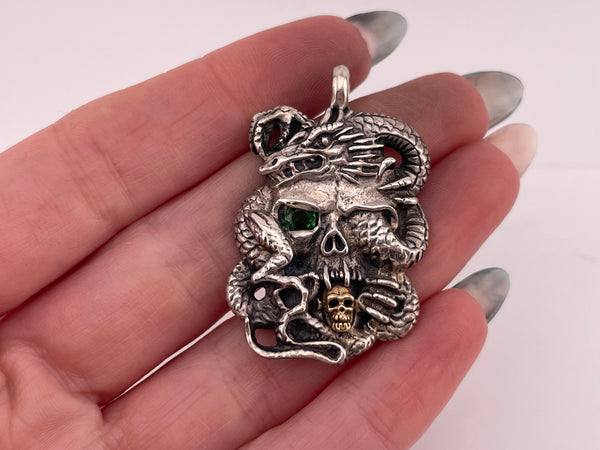 sterling silver & gold plated green gemstone skull dragon pendant
