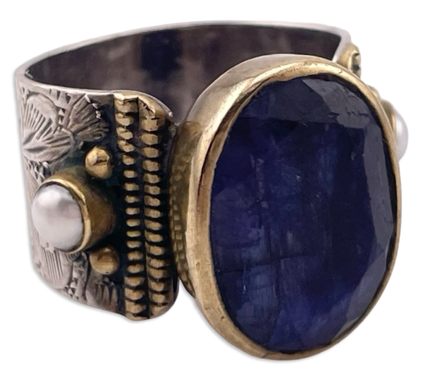 size 8.75 sterling silver & brass kyanite pearl flower band ring