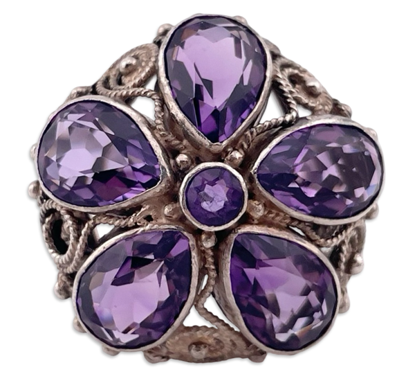 size 6.5 sterling silver faceted amethyst flower squiggle swirl ring