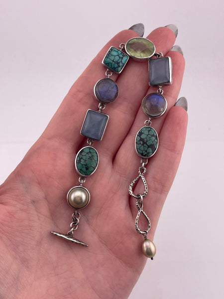 sterling silver 7-3/4" multi-stone link bracelet