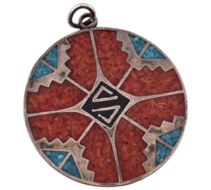 sterling silver crushed turquoise & coral inlay pendant