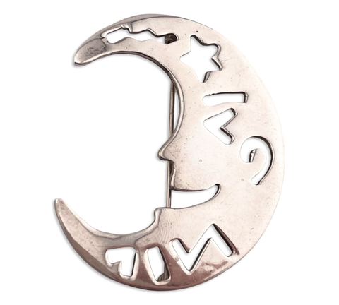 sterling silver man in the crescent moon cut-out design brooch pin