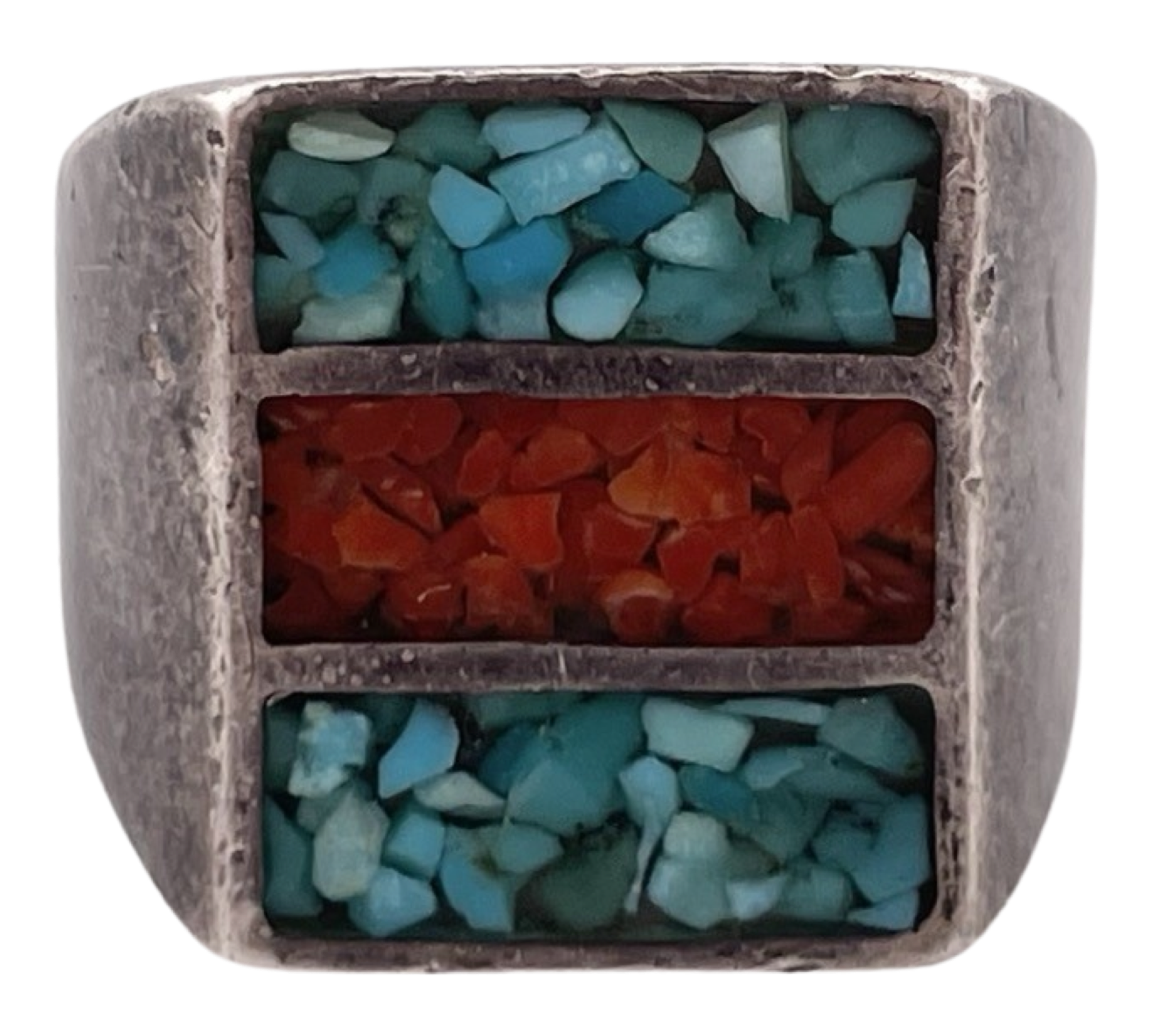 size 7.75 sterling silver rectangle crushed turquoise & coral inlay ring