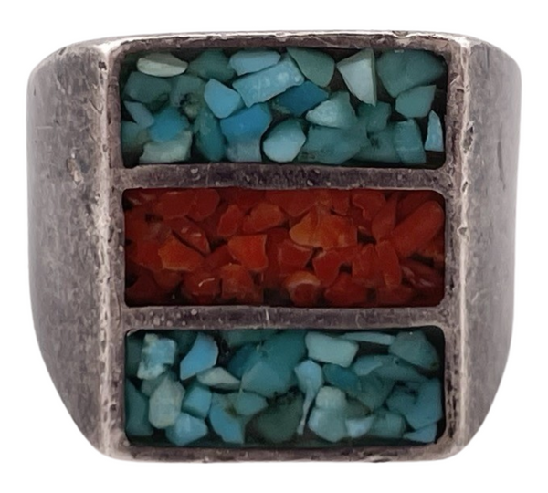 size 7.75 sterling silver rectangle crushed turquoise & coral inlay ring