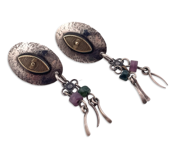 sterling silver & brass purple plastic green glass beads earrings ***Not Sterling Posts***