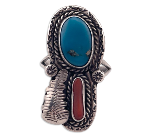 size 8.75 sterling silver turquoise & coral ring