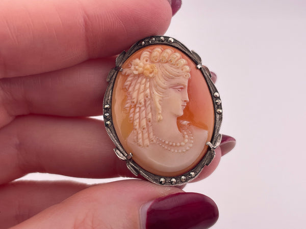 800 silver cameo carved shell woman profile marcasite pendant brooch