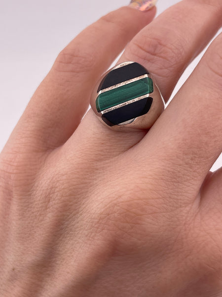 size 6.75 sterling silver chunky malachite & onyx ring