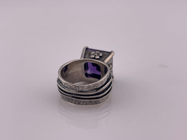 size 6 sterling silver chunky faceted purple glass flower wide band square ring