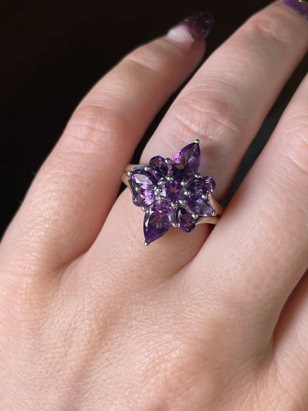 size 6 sterling silver faceted amethyst cluster ring