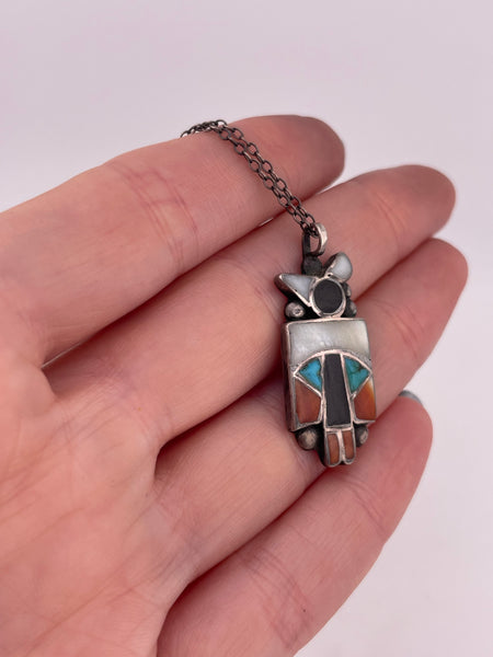 sterling silver multi-stone inlay bird pendant necklace