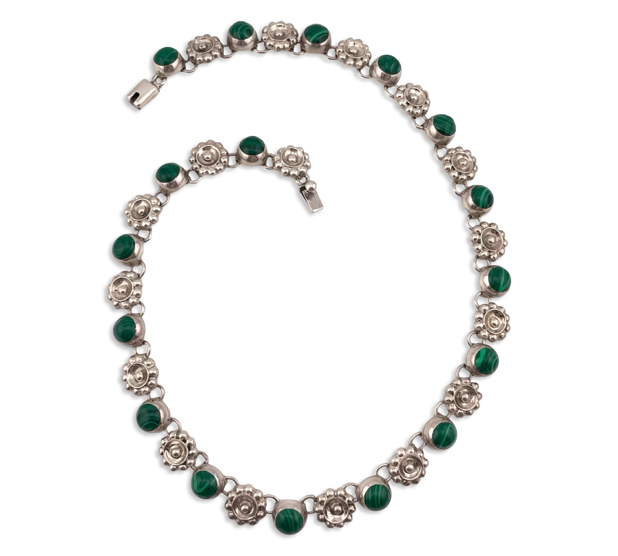 sterling silver Mexican malachite flower collar necklace