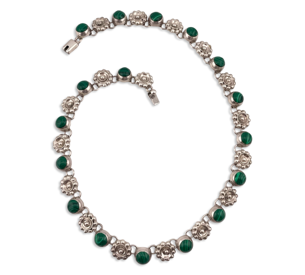 sterling silver Mexican malachite flower collar necklace